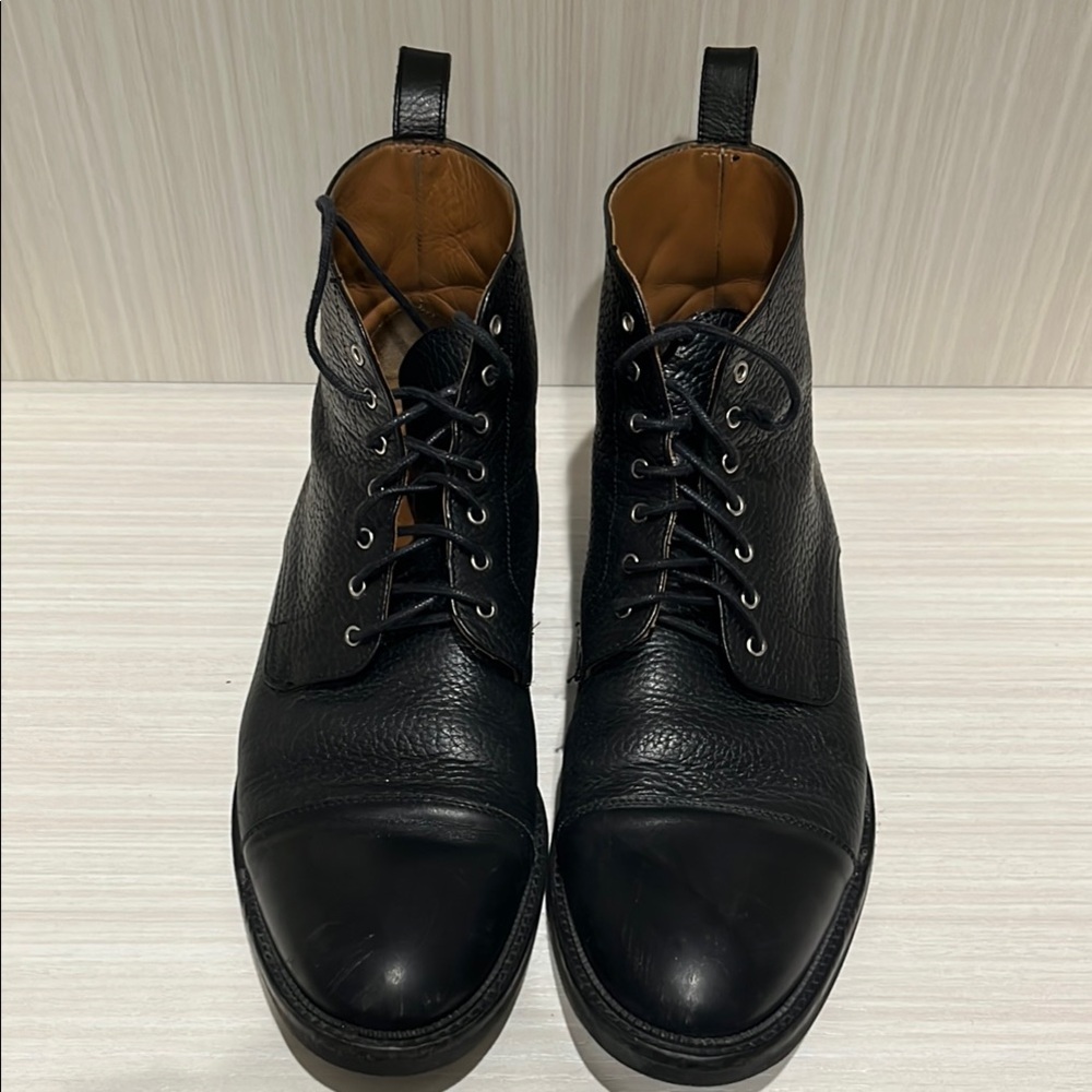 Black Lace-Up Boots with Leather Material and Rounded Toe